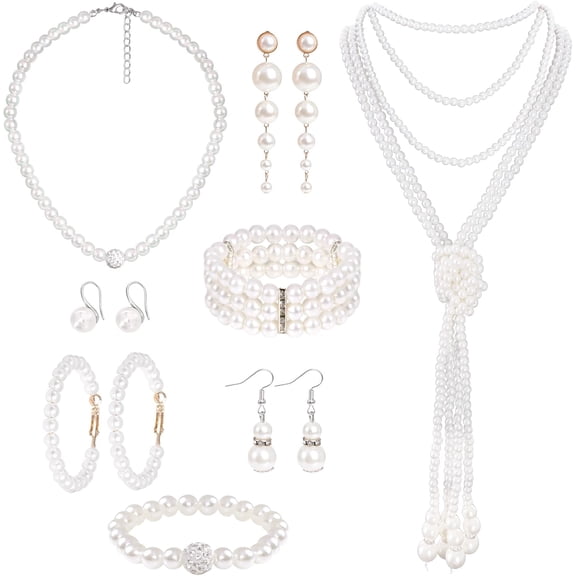 8-Piece Faux Pearl Jewelry Set for Women - Pearl Necklace, Earrings & Bracelets - Wedding, Birthday, Bridal Shower & Tea Party Accessories - 1920s Style Elegant Decor
