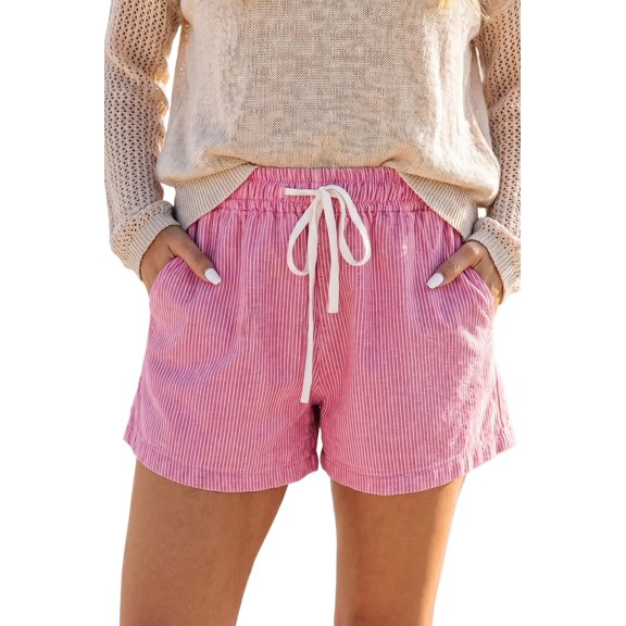 Women's Pink Stripe Denim Shorts – High Waist Elastic Drawstring Casual Summer Style, XL