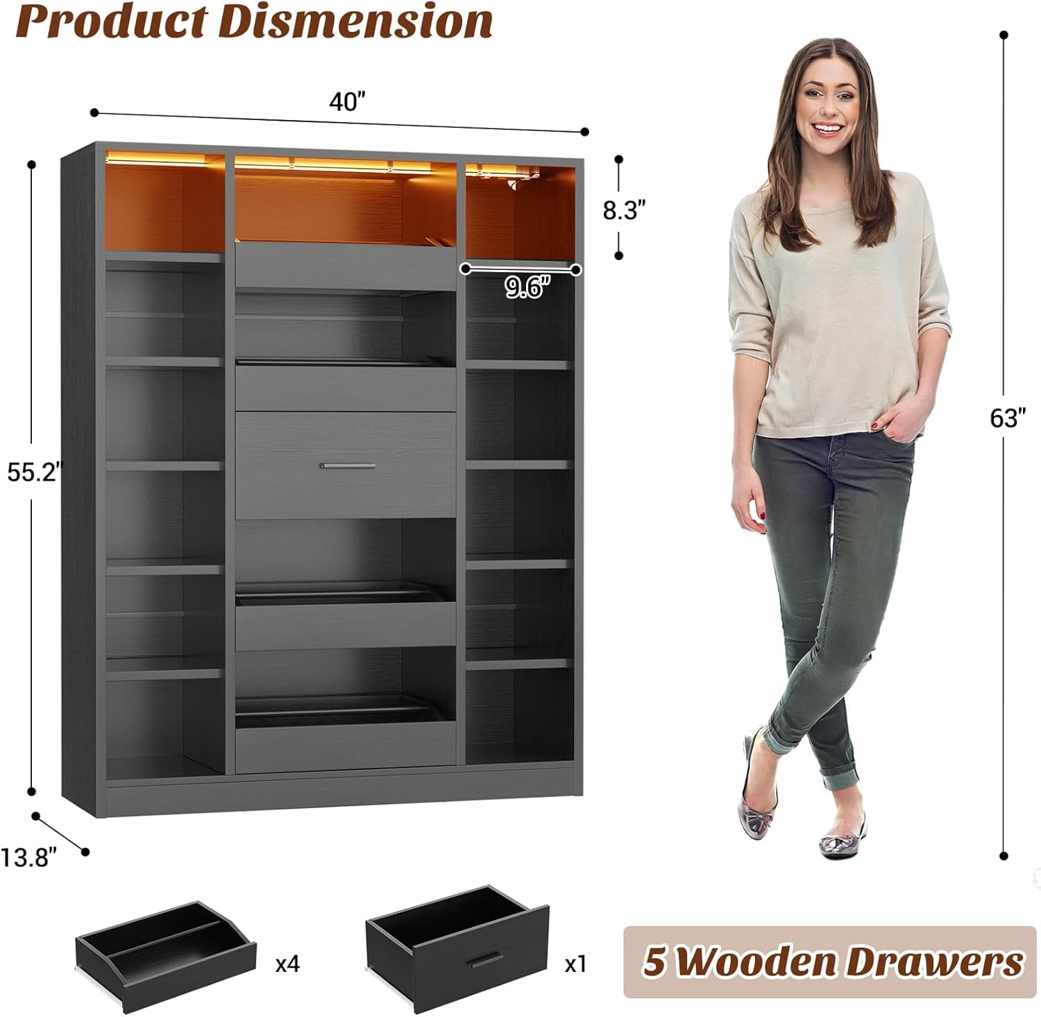 7-Tier Shoe Cabinet with 12 Shelves & 5 Drawers, 40''W Shoe Rack with LED Lights, Holds Up 30+ Pairs of Shoes, Multi-Functional Organizer Cabinet for Entryway/Hallway/Closet, Black