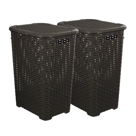 Plastic Wicker Laundry Hamper with Lid and Handles-Brown- 2 Pack (60 Liter)