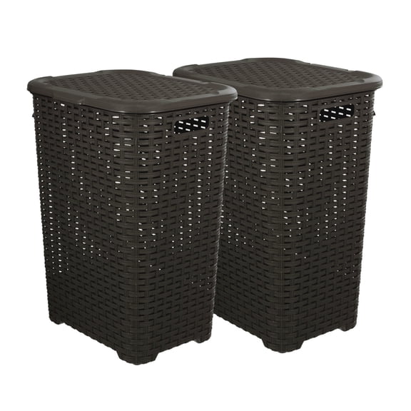Plastic Wicker Laundry Hamper with Lid and Handles-Brown- 2 Pack (60 Liter)