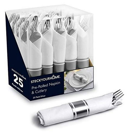 Pre Rolled Plastic Silverware Sets for Parties (25 Pack) Silver Cutlery Set, Disposable Spoons, Forks, Knives, Napkins Prewrapped, Heavy Duty Utensils Individually Wrapped for Wedding, Thanksgiving