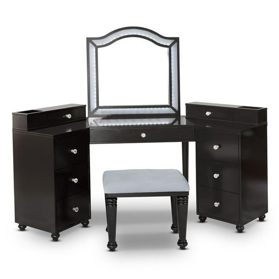 Furniture of America Laek Glam Wood 3-Piece Vanity Set in Obsidian Gray