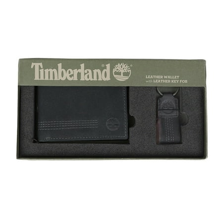 Timberland Men's NP0367 Leather Billfold Wallet and Key Fob GIft Box Set Black