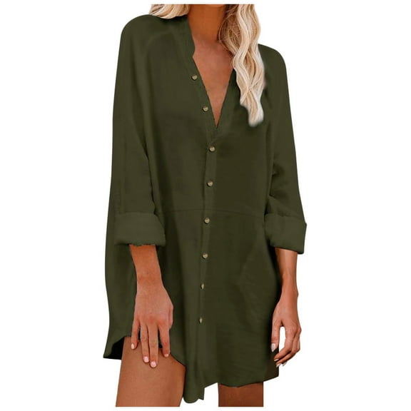 MSJUHEG Long Sleeve Shirts For Women Hoodies For Women Women Long Sleeve V Neck Pocket Shirt Tunic Top Casual Blouse Button Down Shirts For Women Army Green L