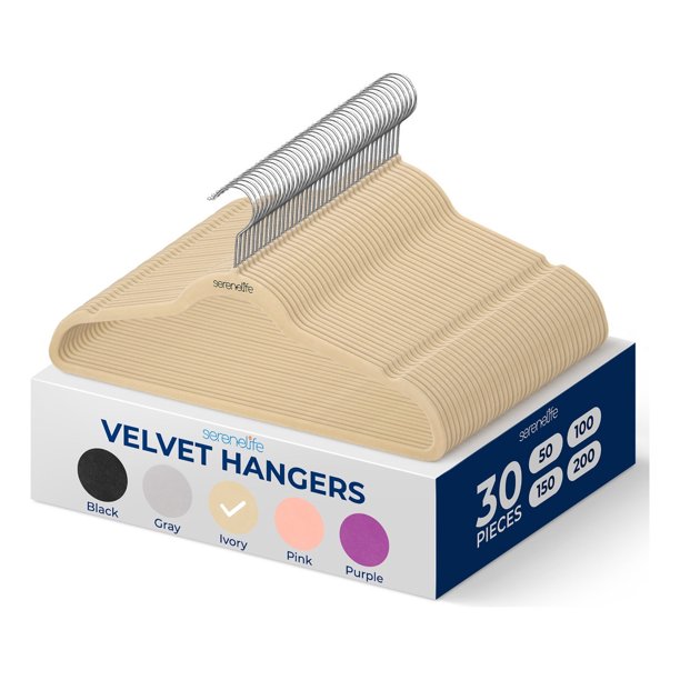 Ganchos de Terciopelo Premium Serenelife, Ahorradores de Espacio, Resistentes, con Gancho Metálico Giratorio de 360°, para Trajes, Pantalones y Vestidos, Marfil, Pack 30