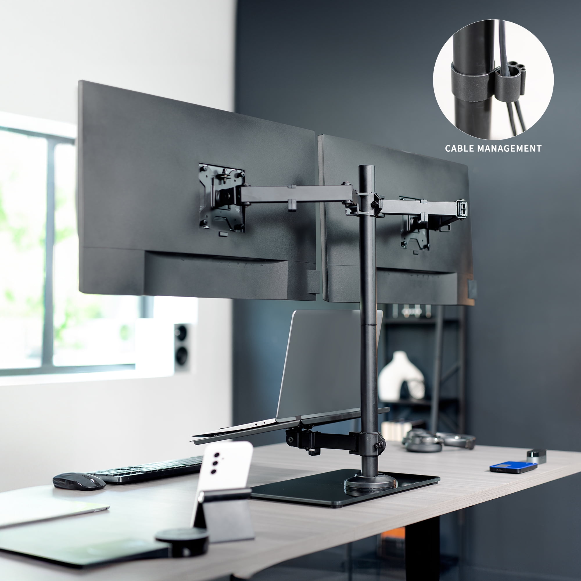 VIVO Laptop and Dual Monitor Desk Stand w/ Glass Base, Fits 32" Computer Screen