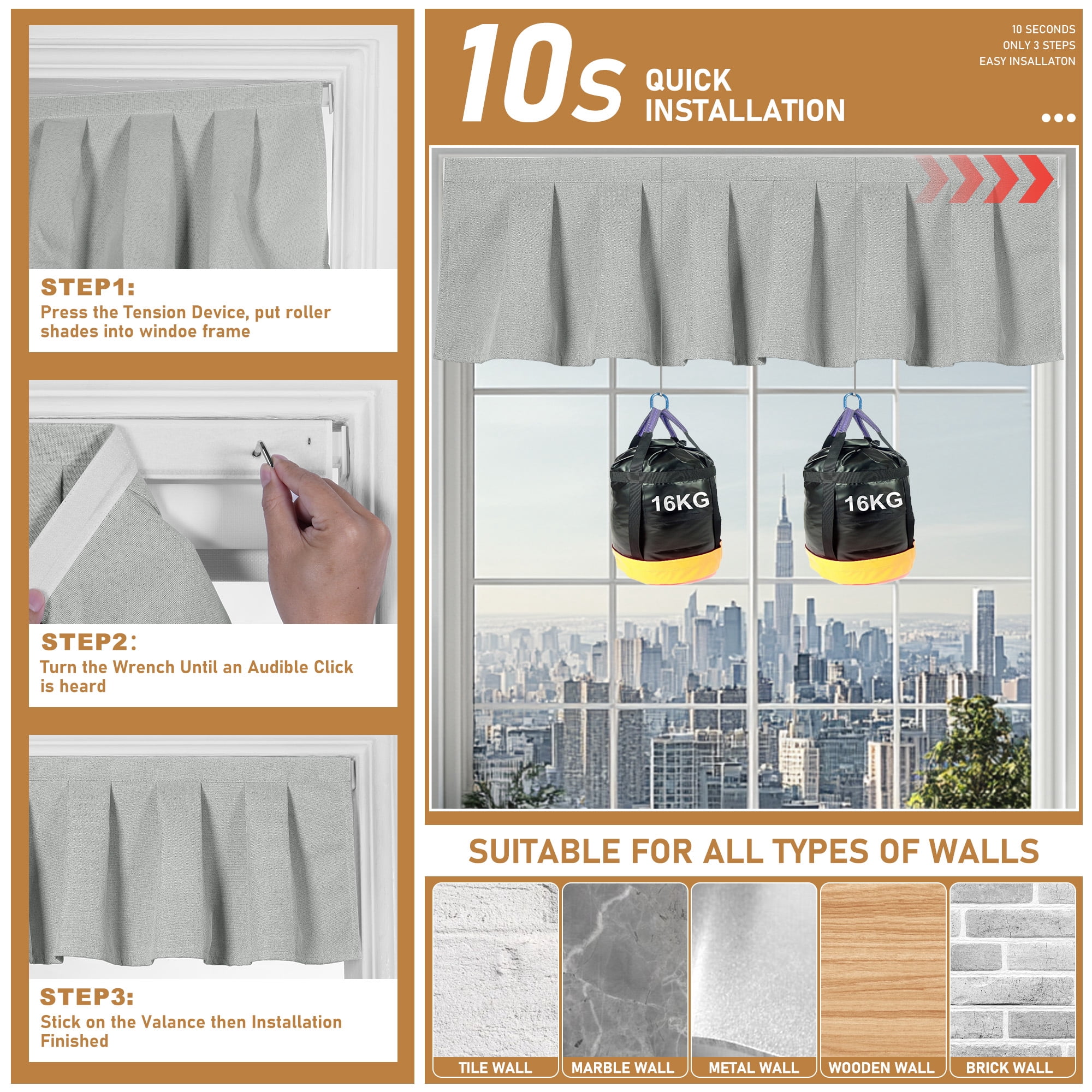 BERISSA No Drill Blinds for Indoor Windows, Blackout Roller Shade With Valance, Room Darkening Noise Reduction Thermal Insulation Roller Blinds for Office and Home,Easy to Install,46"W X 48"H,Gray