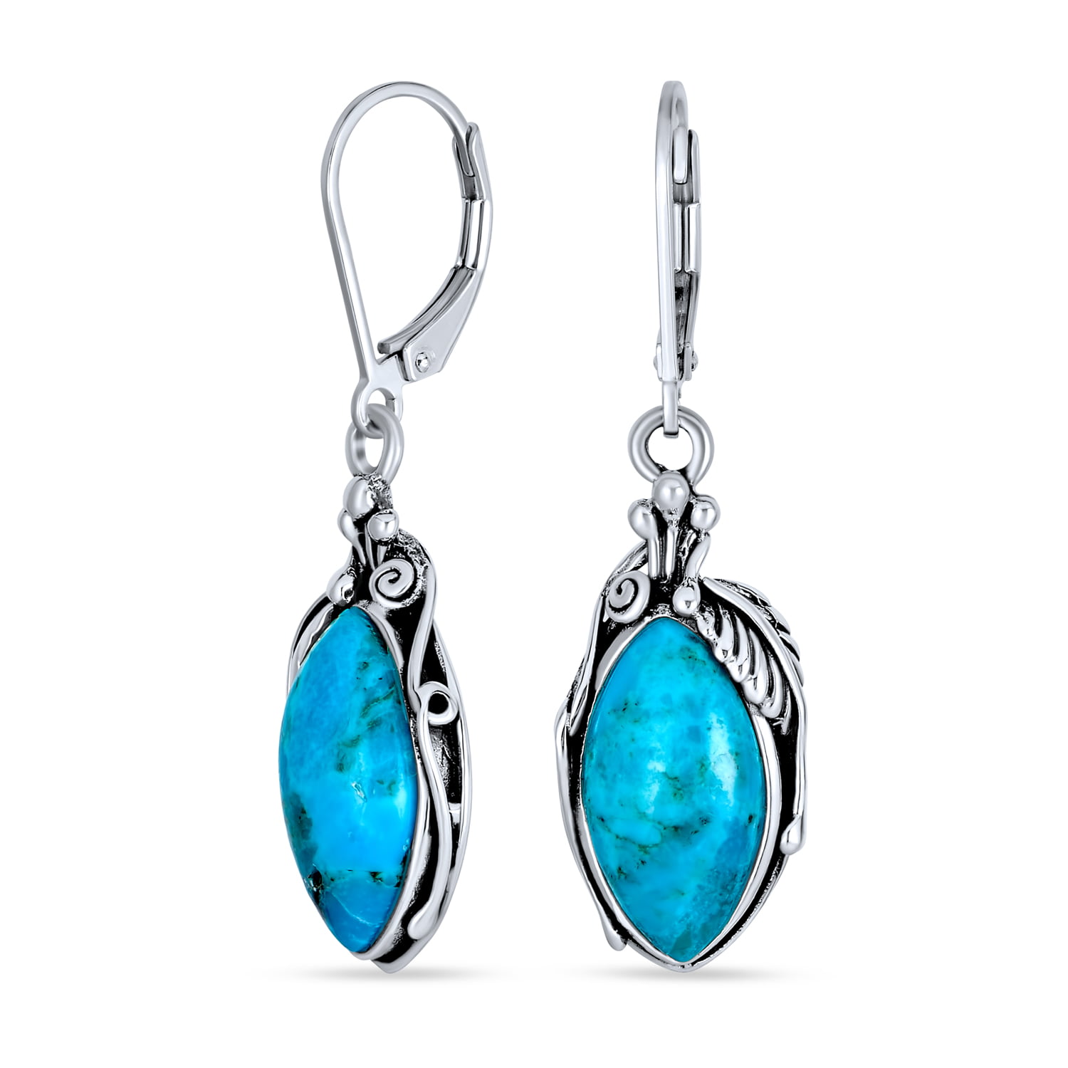925 Solid Silver OVAL TURQUOISE OXIDIZED DANGLING Earrings 2.5 CM BIRTHDAY GIFT