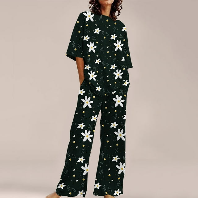 Ensembles de Pyjama pour Femmes, Convenant à l'Été, Col Rond, Ample, Manches Courtes, Haut Chemise à Imprimé Floral avec Pantalon, Grande Taille, Ensemble 2, TTTTG