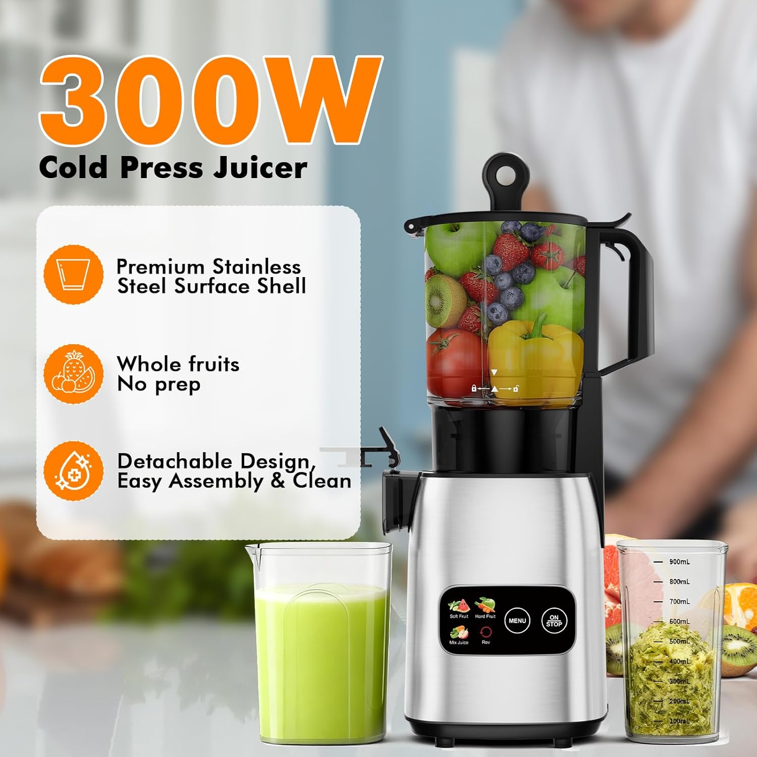 WAA Cold Press Juicer 5.4" Extra Wide Feed Chute,Slow Masticating for Whole Fruits & Veggies