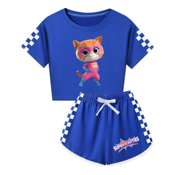 Super-Kitties Cartoon Cat Clothes for Girls – 2-Piece Short Sleeve Crop Top and Shorts – Kids Summer Outfit Set