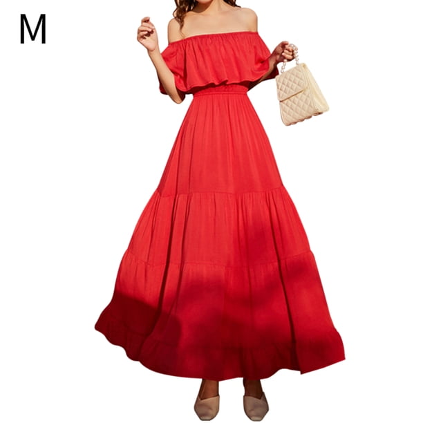 Vestido de vacaciones Vestido largo informal de playa con hombros descubiertos y hombros descubiertos, Rojo, M Methold AP001405-10B
