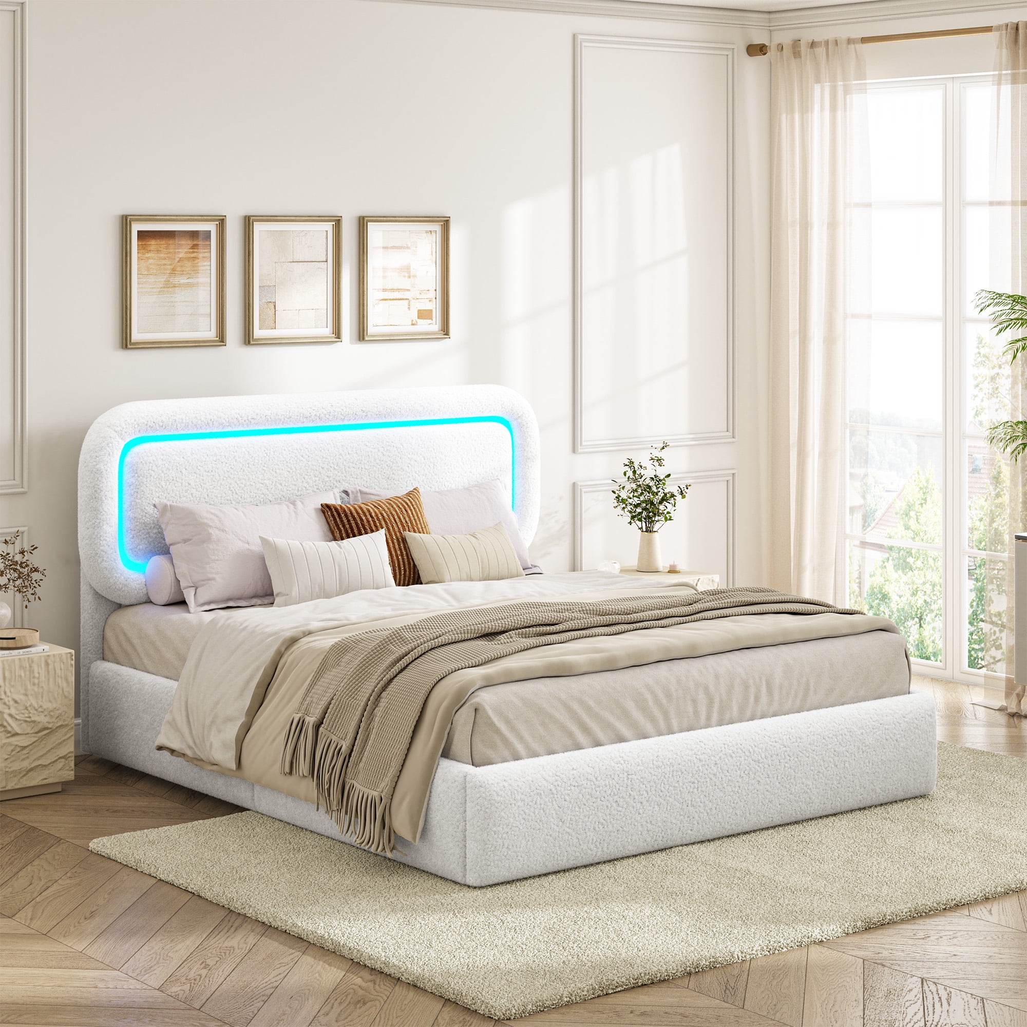 EnHomee Boucle Bed Frame with Rounded Corner Cloud Bed Frame with Headboard Upholstered Bed Frame Full Size ,White