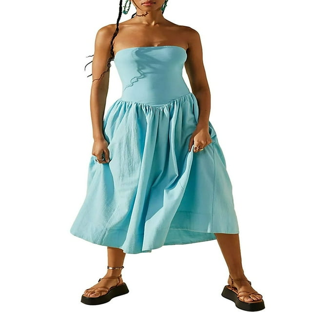 Women Midi Dress Summer Strapless Patchwork Solid Color Dress