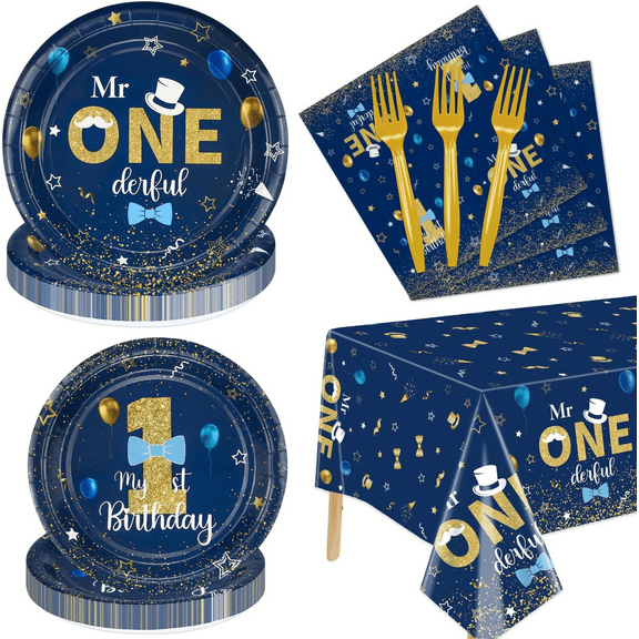 Mr Onederful Birthday Decorations - Blue Gold Party Plates, Napkins, and Tablecloth First Birthday Decorations Tableware for Baby Shower 1st Party Boy Supplies, Serve 20 Guests