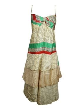 Mogul Women Spaghetti Strap Beach Dress, Beige Green Floral Dress, Layered Boho Recycled Sari Printed Sundress SM