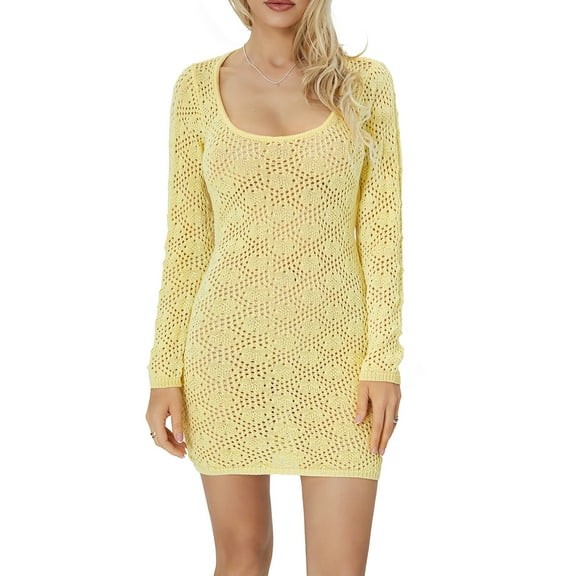 Women's Summer Mini Knit Dress Yellow Long Sleeve Scoop Neck Open Back Party Dress