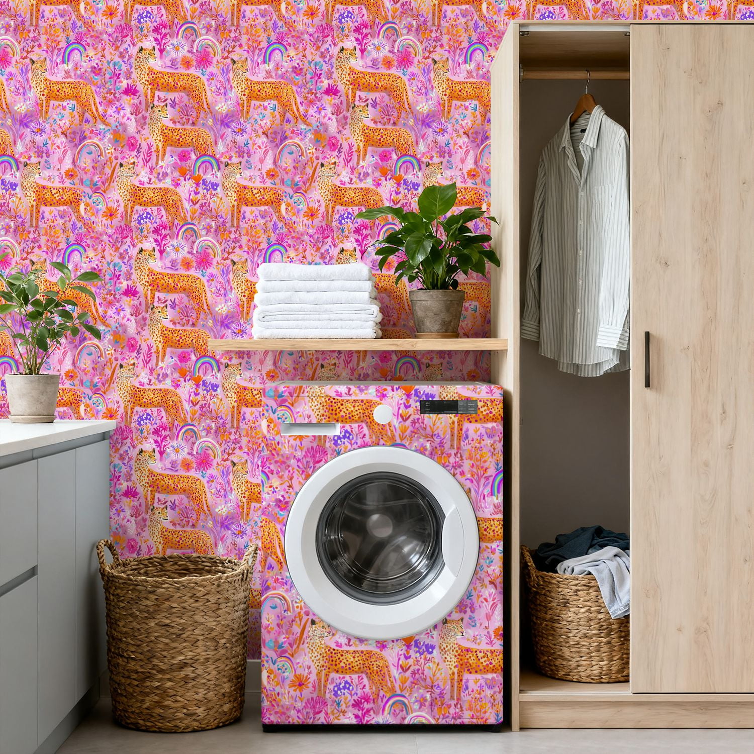 Cheetah Peel and Stick Wallpaper 17.7in x 9.8ft Leopard Print Vibrant Floral Pink Garden Rainbows Contact Paper Vinyl Waterproof Self Adhesive Wall Paper for Bedroom Shelf Cabinet Renter Friendly