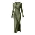 thumbnail image 7 of Tqcoqu Women's Solid Ribbed Knit Maxi Dresses,Lapel V Neck Long Sleeve Slim Fit Dress,Side Slit Business Elegant Maxi Dress,Army Green Women's S-XXL, 7 of 7