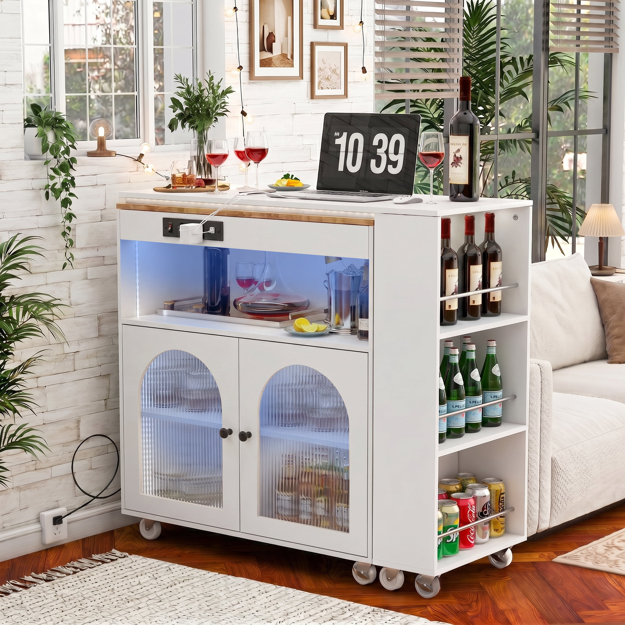 Homy Casa 56" White Rolling Kitchen Island with Power Outlets, LED Storage Cabinet and Extension Top