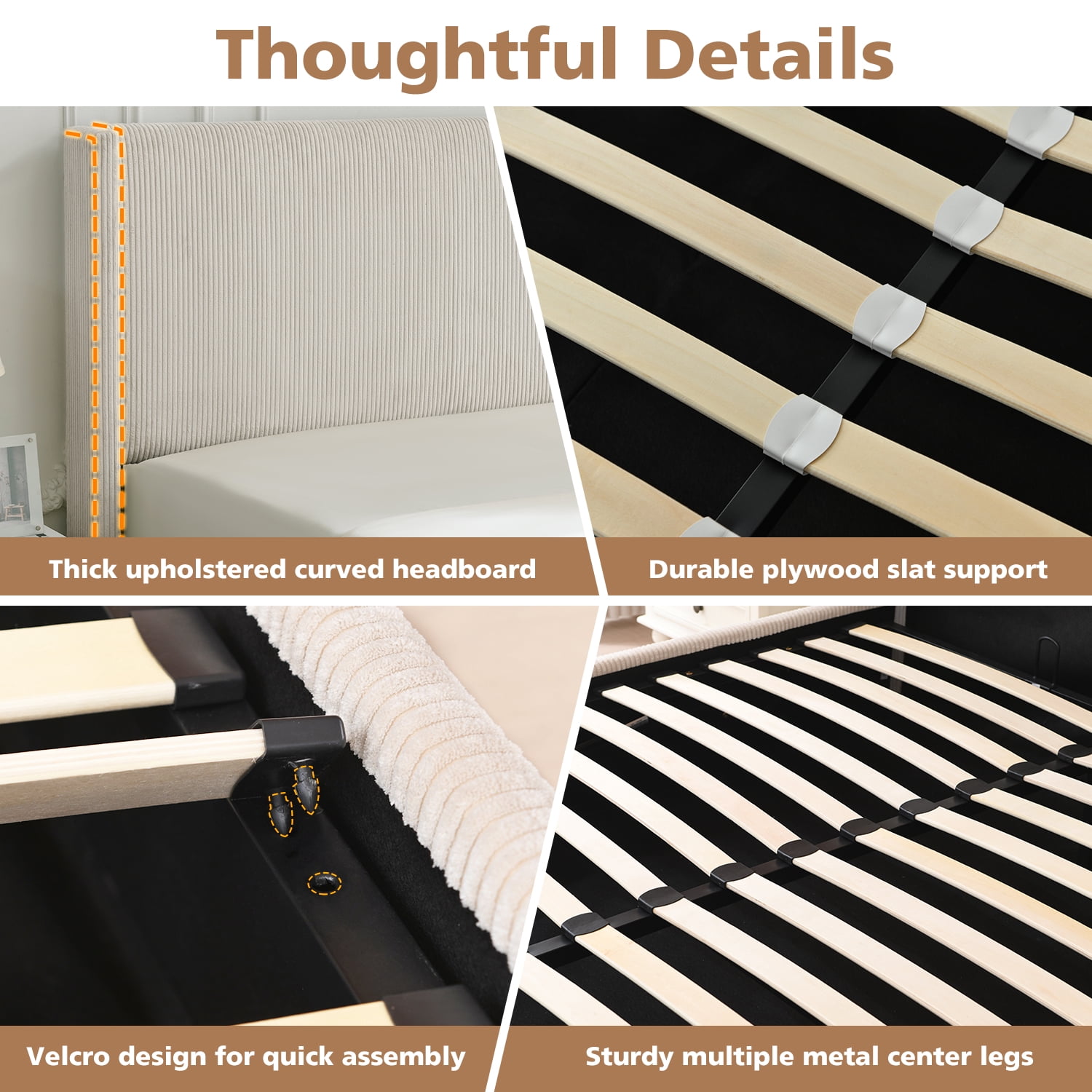 King Size Bed Frame with Lift Up Storage, Corduroy Upholstered Platform Bed with Wingback Headboard, No Box Spring Needed, Hydraulic Storage, White
