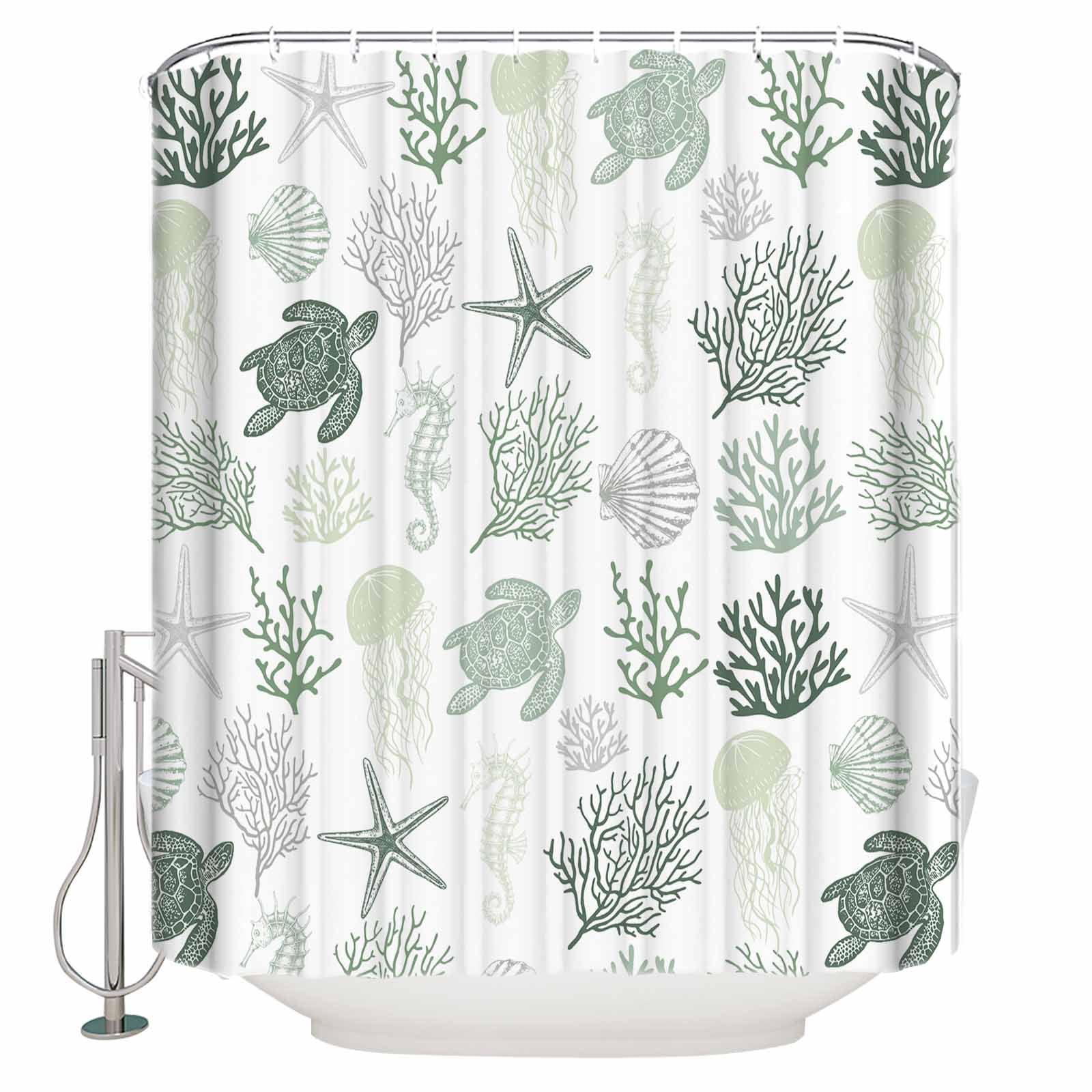 Sage Green Coastal Waterproof Fabric Shower Curtain, Nautical Summer Beach Coral Sea Turtle Shower Curtain for Bathroom Curtains Bathtubs Hotel Washable Shower Curtains with 12 Hooks Standard 60x72