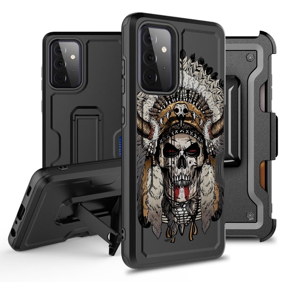 ANJ  Rugged Hybrid Shockproof Case w/Kickstand   Holster Clip Card Slot Cover for Samsung Galaxy A52 5G - Skull Chief 3
