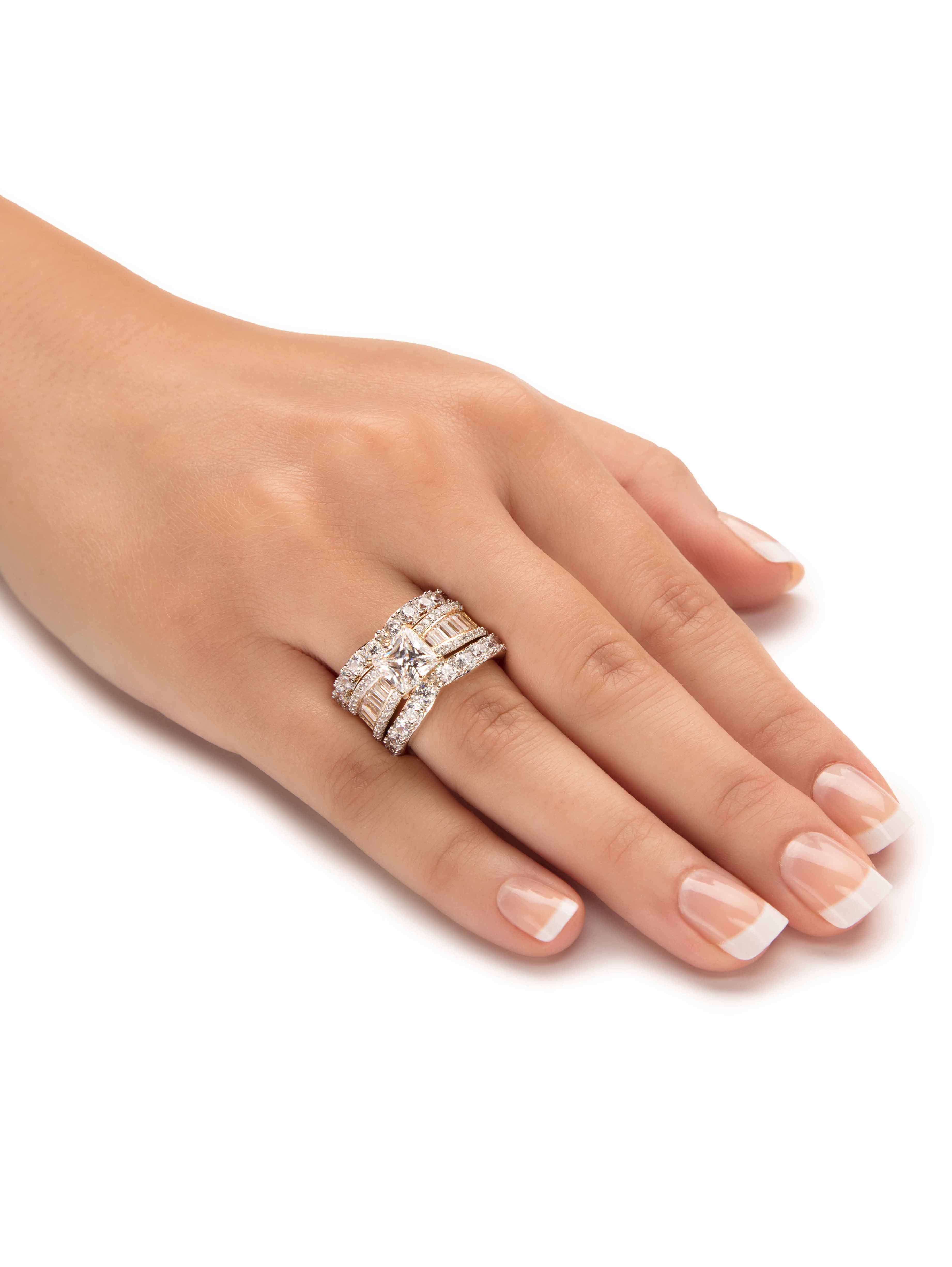 PalmBeach Jewelry Princess-Cut Cubic Zirconia 3-Piece Bridal Ring Set 4.48 TCW in Yellow Gold-Plated or Platinum-Plated Sterling Silver