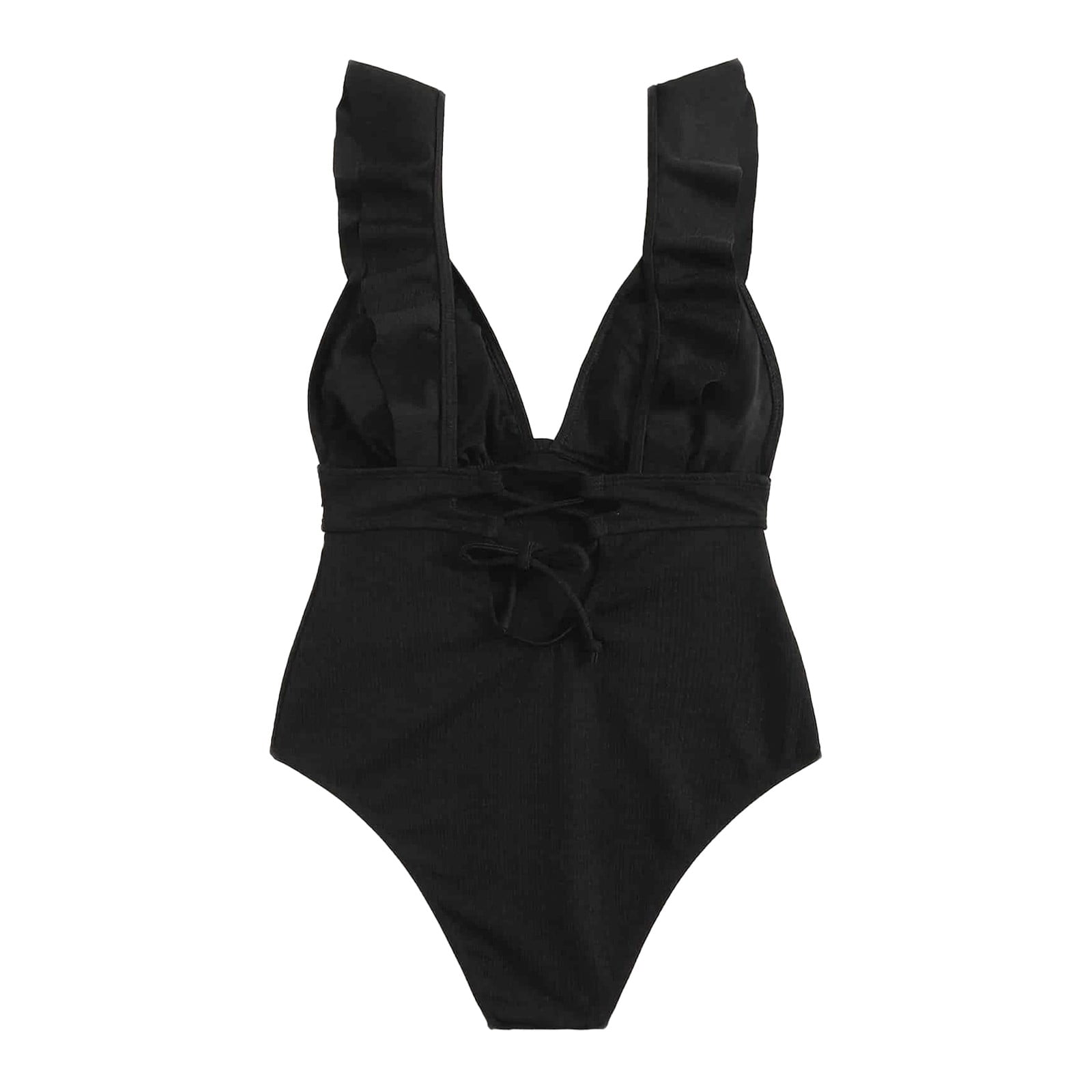 Bikini Swimsuit Black Bikini Bikini Women's V Neck Open Back Ruffle