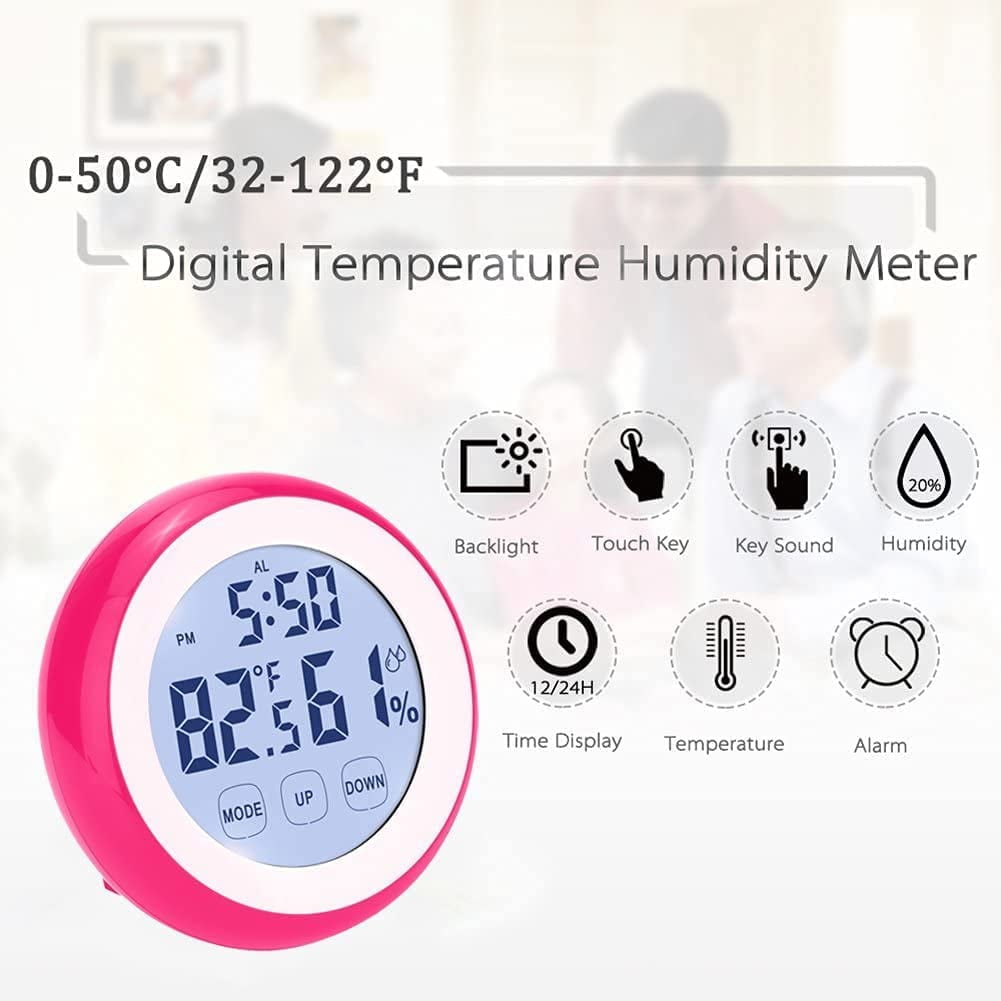 LINLIN Digital Hygrometer Thermometer Clock,Touch Screen Temperature Humidity Monitor Alarm Clock with Backlight Magnetic Battery Operated for Home Fridge Office Baby Room