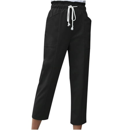 

Dadaria Work Pants for Women Office Petite Solid Pants With with Pocket Comfortable Tie Nine point Pants Black XXL Female