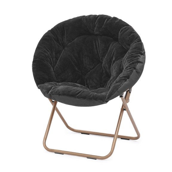 BEZT Round Folding Faux Fur Saucer Chair for Bedroom Living Room Dorm Garden Courtyard Foldable Metal Frame Oversized Large Comfy Furry Padded Soft Lounge Lazy Cozy Moon Chair for Adults (Black)