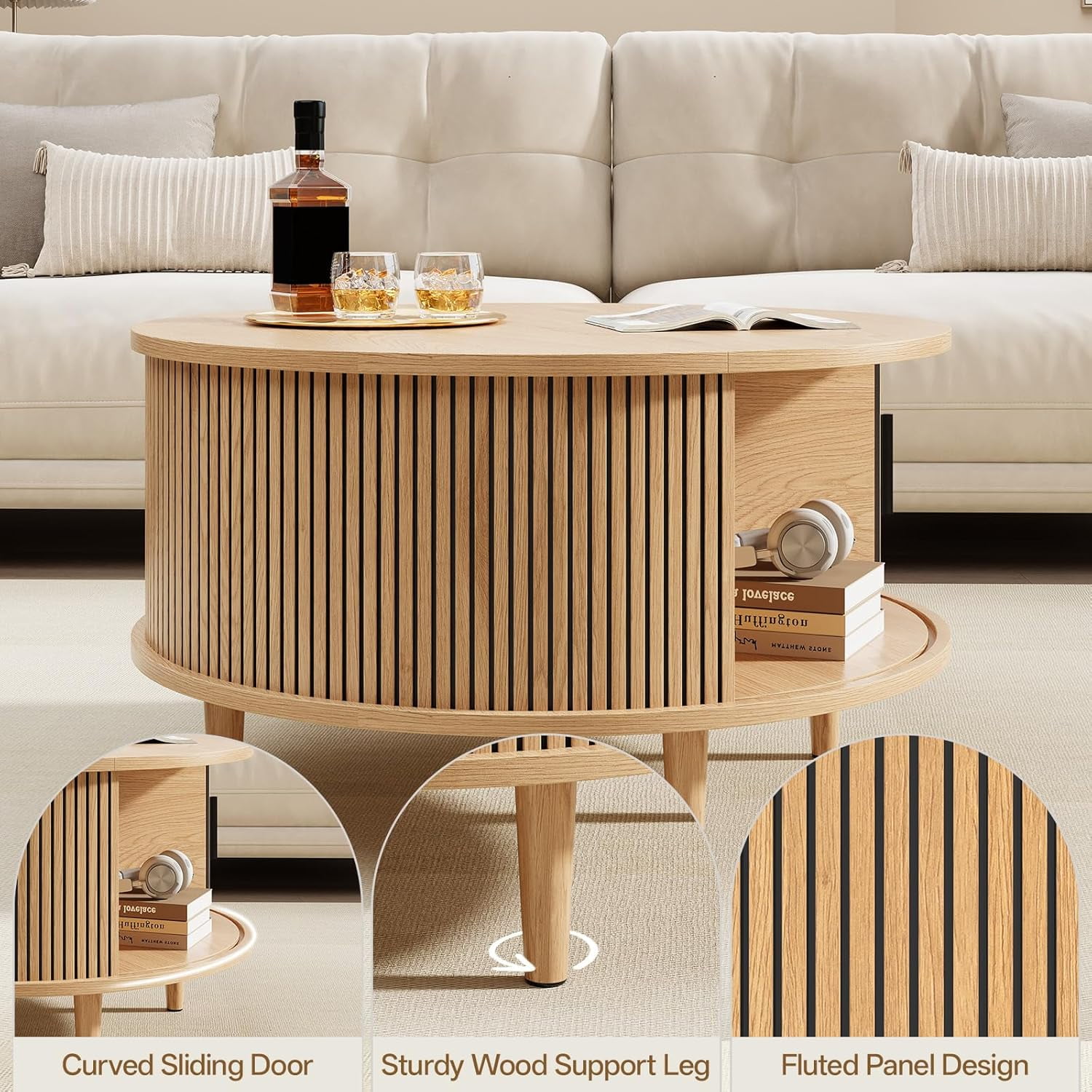 SELOOYE Mid Century Round Coffee Table, Fluted Center Table with Sliding Door, Modern Dining Table with Storage for Home Living Room Office, 31.5", Oak
