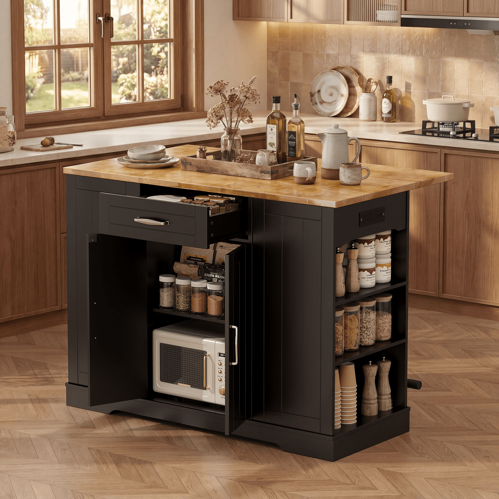 ROGALIS 47"Kitchen Island with 2 Chair, Stationary Island Table with Power Outlet, USB Ports, Spice Rack, Trash Cabinet, and Foldable Drop Leaf for Home Bar or Dining Room,Black