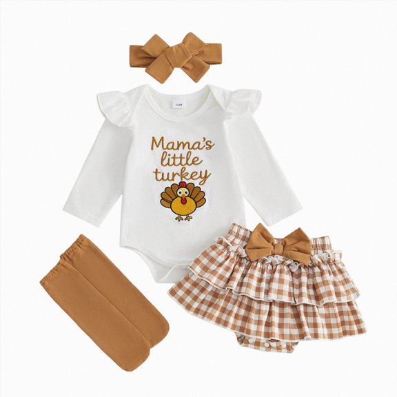 Xudanell My First Thanksgiving Baby Girl Outfit Turkey Romper Ruffle Layered Shorts Headband Socks Cute Fall Clothes(Brown, 12-18 Months)