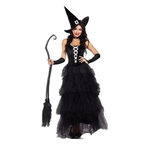 Disfraz de bruja negra gótica de Halloween para mujer adulta, vestido elegante de fiesta de magos, Purim Cos