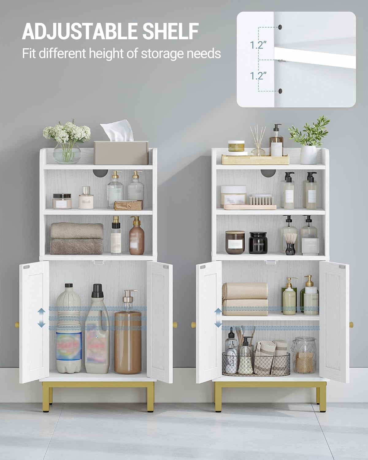 Bathroom Storage Cabinet, Small Floor Cabinet with 2 Door and Shelves, Toilet Paper Cabinets, Bathroom Organizer with Adjustable Shelf, for Small Spaces White 7.9" D x 14.6" W x 32.7" H