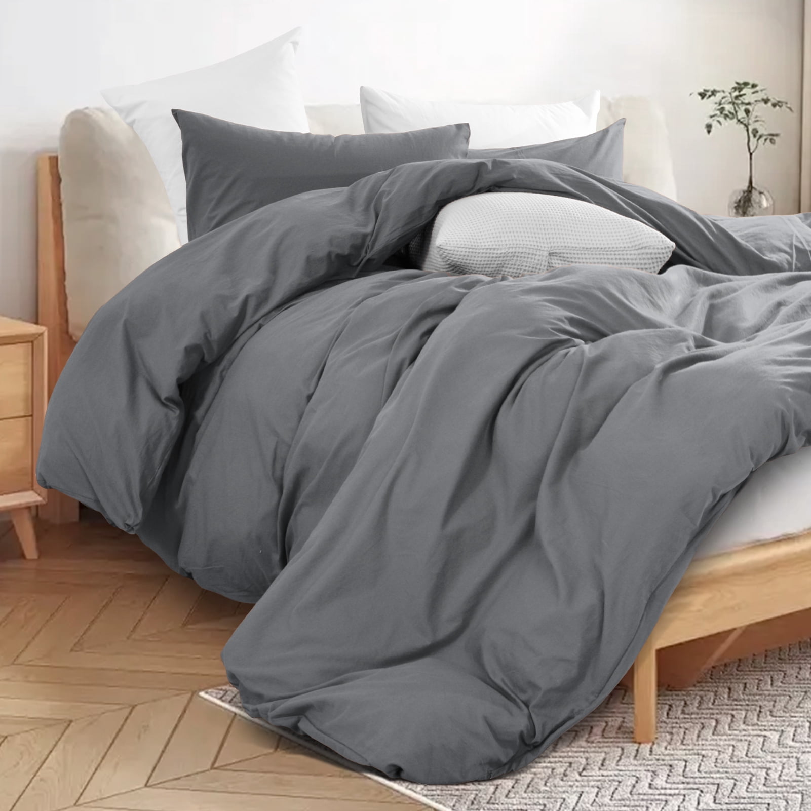 NEXHOME PRO Duvet Cover Set 100% Washed Cotton 3 Pieces Linen Breathable Soft Durable Duvet Cover Bedding Set with Zipper Closure, King Size Grey(Comforter Not Included)