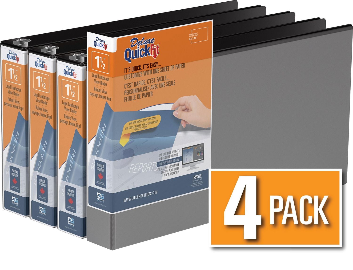 QuickFit Heavy Duty Round Ring Legal Landscape Spreadsheet View Binder, 4 Pack, 1.5"