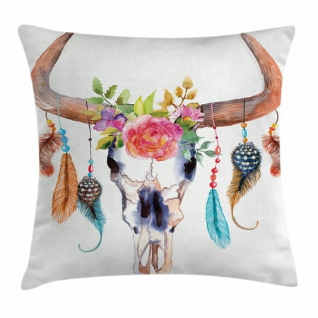 Watercolor Throw Pillow Cushion Cover, Bull Skull with Hanging Flower Feathers Ethnic Inspired Native American Design, Decorative Square Accent Pillow Case, 16 X 16 Inches, Multicolor, by Ambesonne