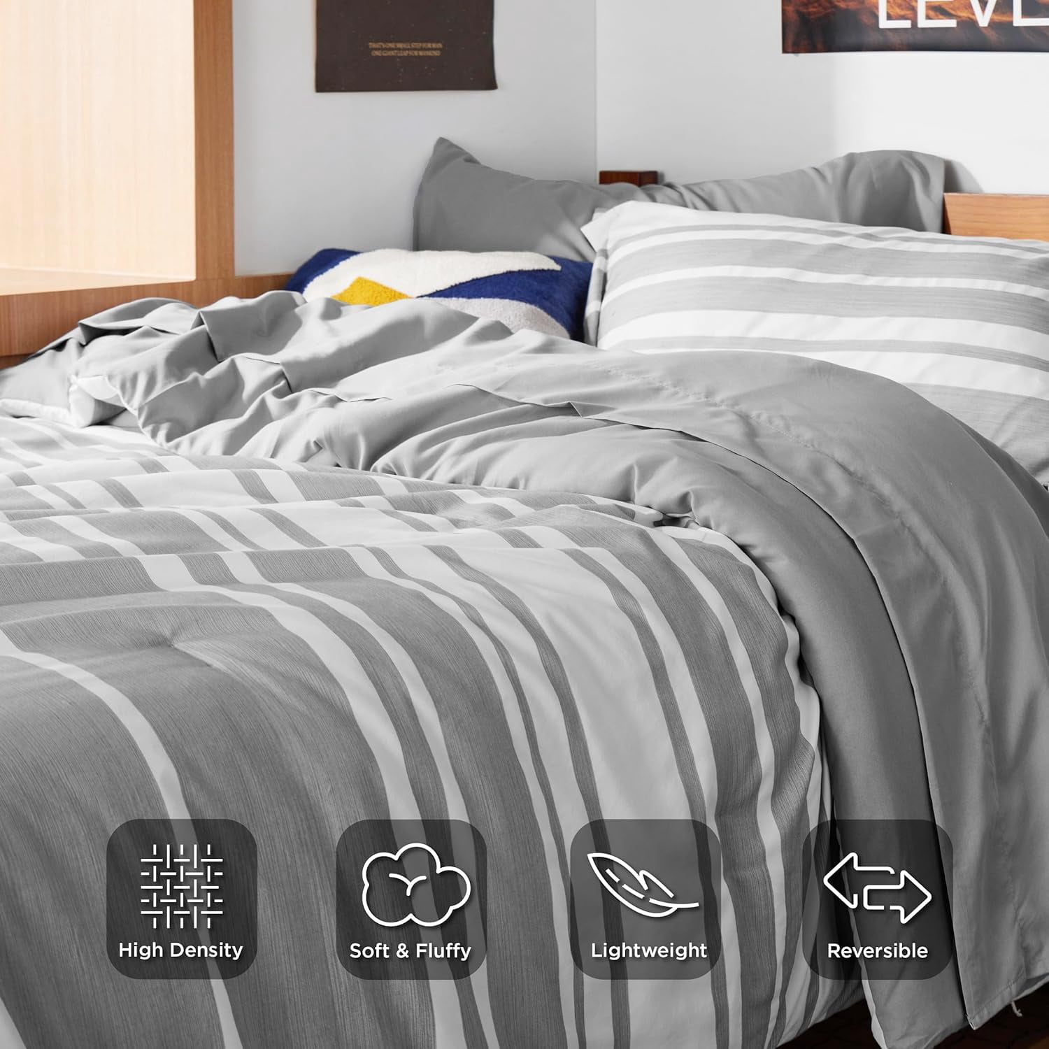 U by Bedsure King Comforter Set, 7 Pieces Gray White Striped Bedding Sets All Season, Bed in a Bag with Comforter, Sheets, Pillowcases & Shams