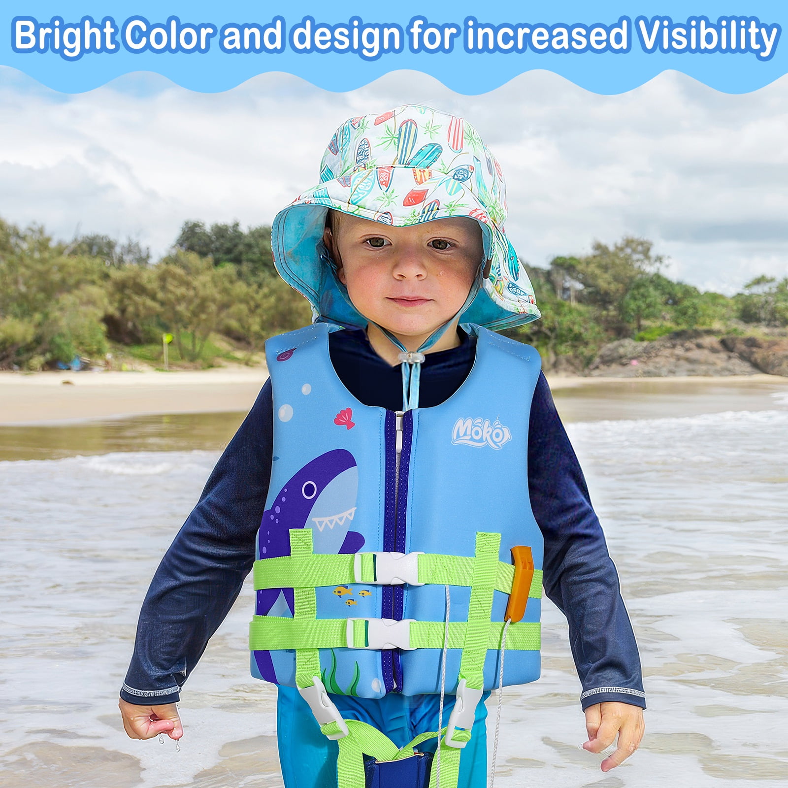 MoKo Kids Swim Vest for Boys Girls, Swimming Training Life Float Jacket Swimsuit for 46-77 lbs, L Size,Blue Shark