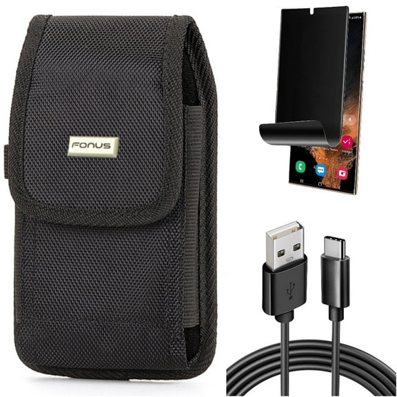 Case Belt Clip & Privacy Screen Protector & 6ft USB Cable for Samsung Galaxy S22 Ultra (6.8") - Combo Rugged Holster Canvas & TPU Film (Fingerprint) Anti-Peep & Type-C Charger Cord Power