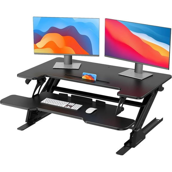 HUANUO 36" Z Shaped Stable Electric Standing Desk Converter, Height Adjustable Sit Stand Up Desk Riser, Dual Monitor and Laptop Workstation with Wide Keyboard Tray, Desk Lifter for Home Office