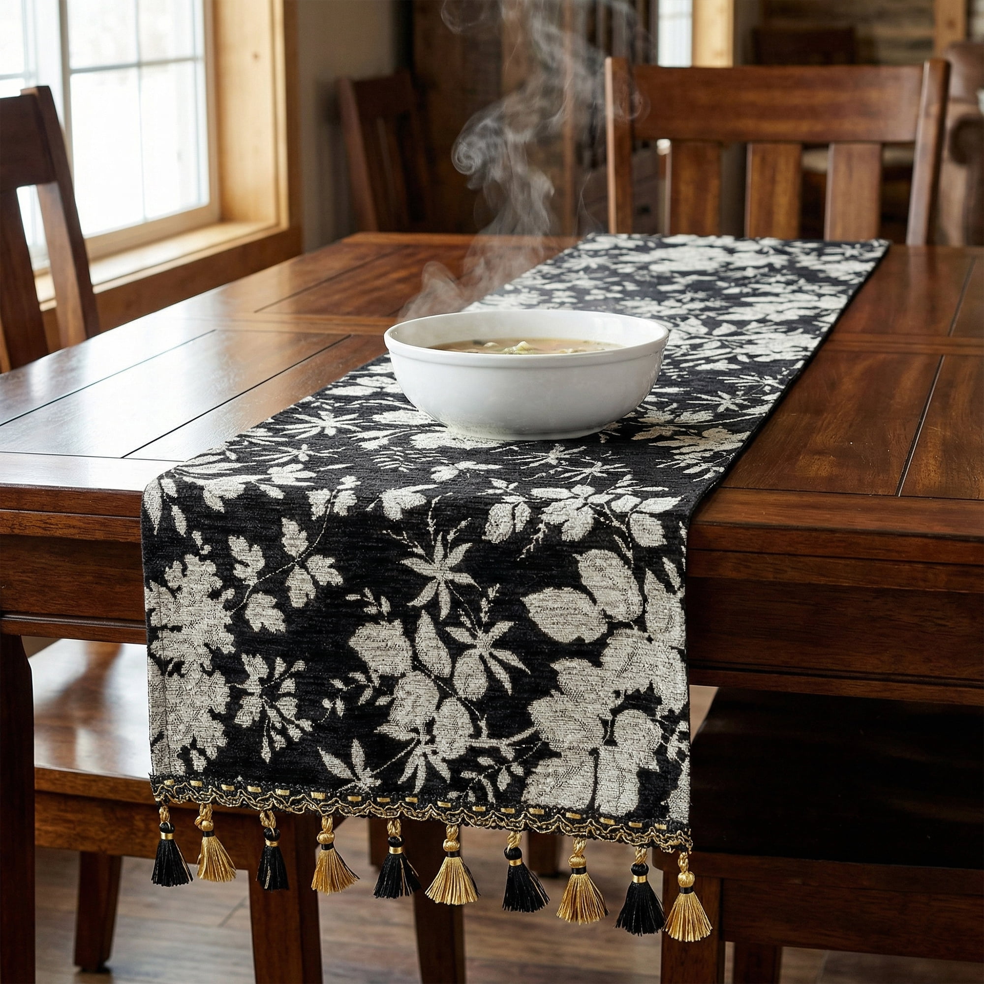 Unique Bargains Floral Table Decoration Kitchen Runner with Tassel Black 13.8x63in