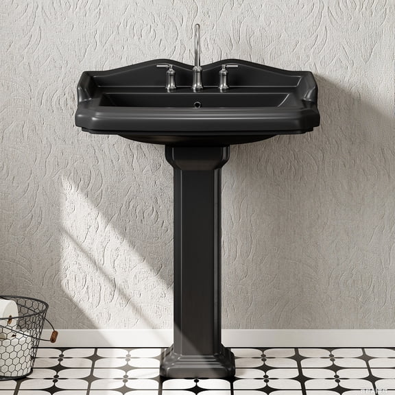 HOROW 23x19 Inch Black Colored Pedestal Sink Combo with Overflow and Single Faucet Hole, Ceramic Bathroom Vanity Sink