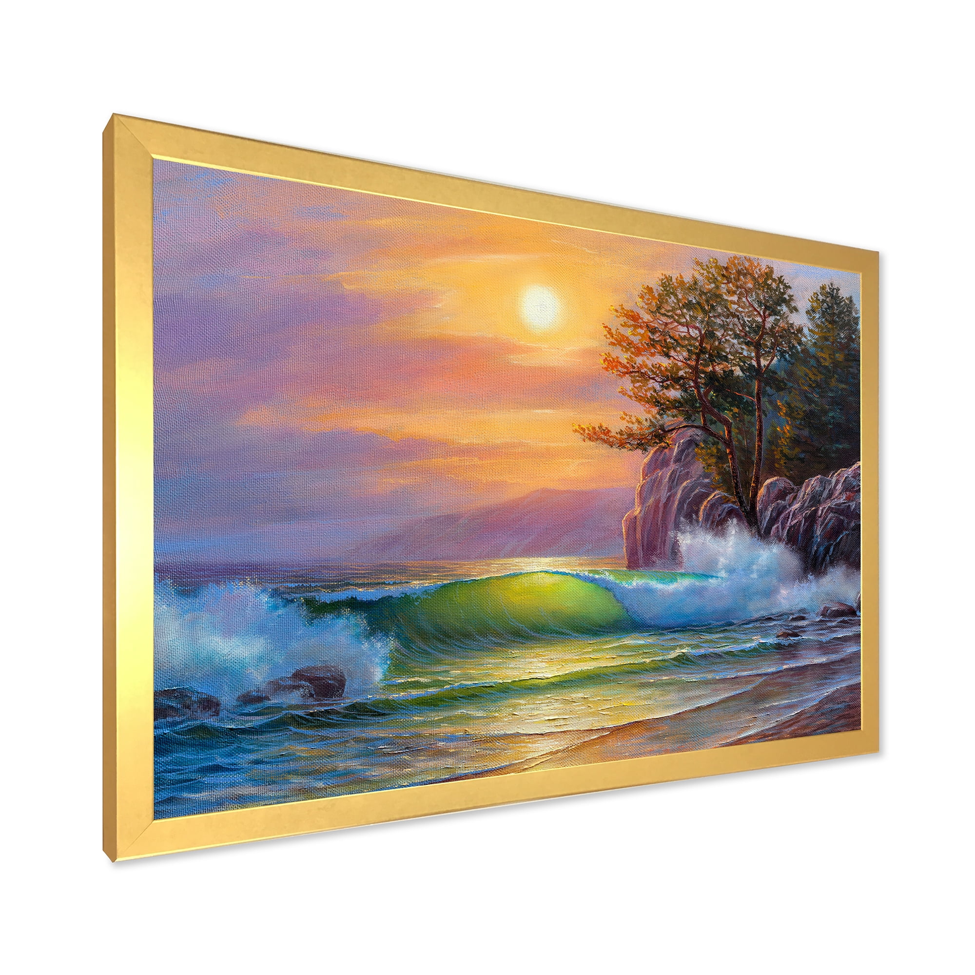 Designart 'Sunrise On Sea Waves By The Pine Trees' Nautical & Coastal Framed Art Print