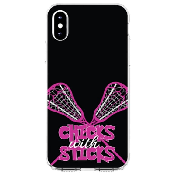 DistinctInk Clear Shockproof Hybrid Case for iPhone XR (6.1" Screen) - TPU Bumper, Acrylic Back, Tempered Glass Screen Protector - Hot Pink Lacrosse - Chicks with Sticks