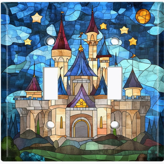 Metal Light Switch Wall Plate Outlet Cover (Printed Image of Stained Glass Fairytale Castle - Double Toggle)